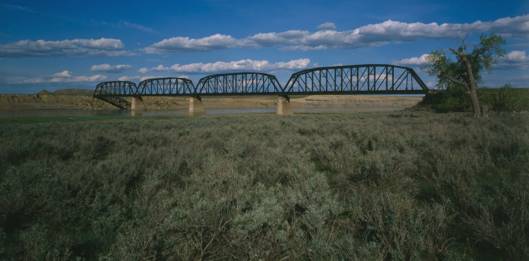 The old Milwaukee Road railroad bridge, a row of steel trusses over the Yellowstone River, with sagebrush in front